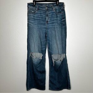 American Eagle Womens Stretch Super High-Rise Baggy Wide Leg Ripped Jeans Sz 10